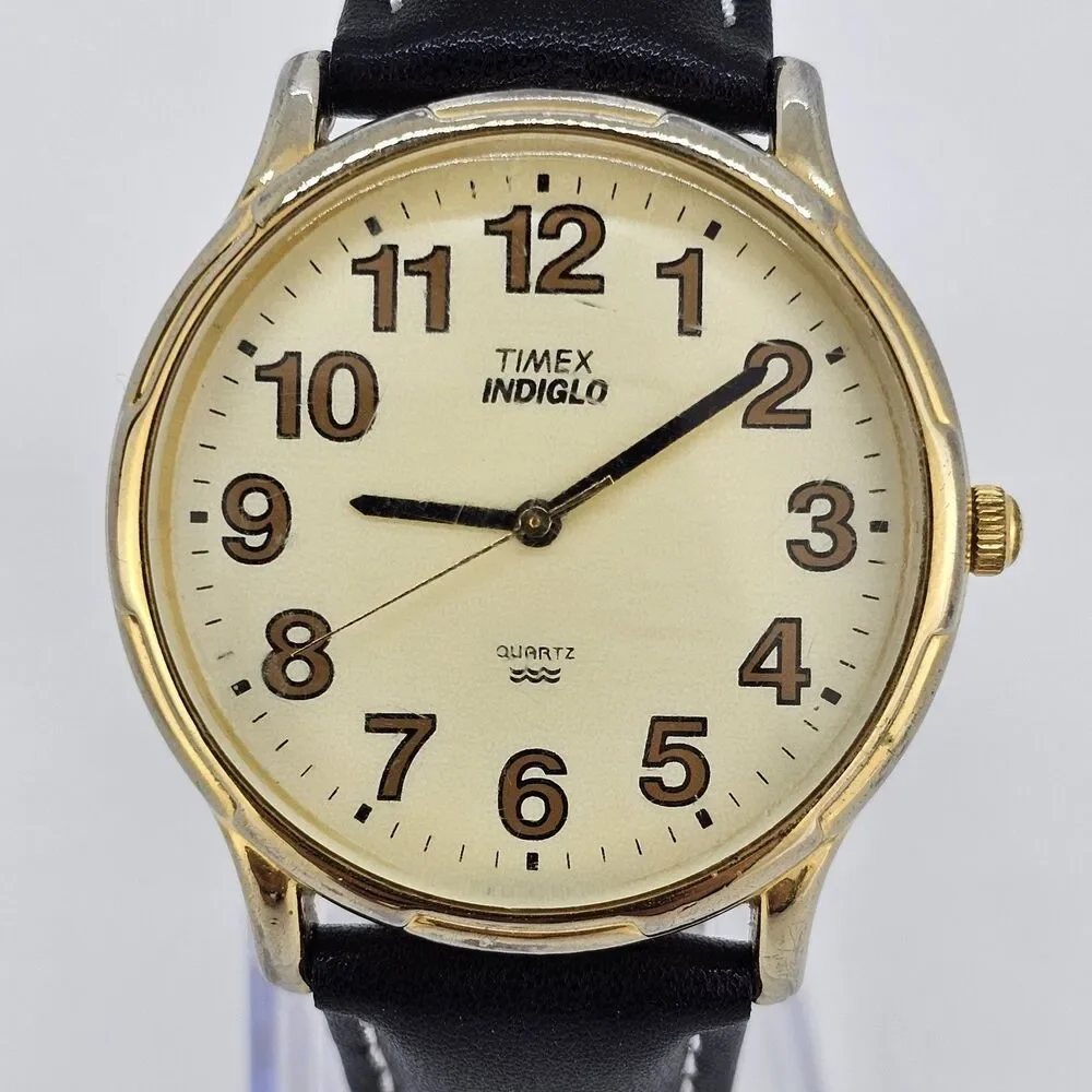 Timex‎ Men's Watch 35MM Gold Dial New Black White Leather Bands New Battery